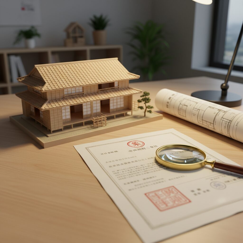 日本の住宅の模型と耐震基準適合証明書をイメージした重要書類が置かれたデスク。安全と信頼を感じさせる明るい雰囲気。