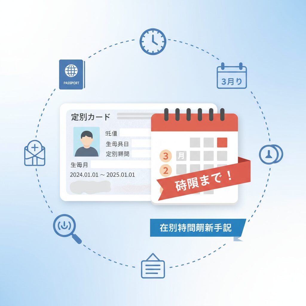 Illustrative image of a Japanese residence card and a calendar marking a 3-month renewal period.