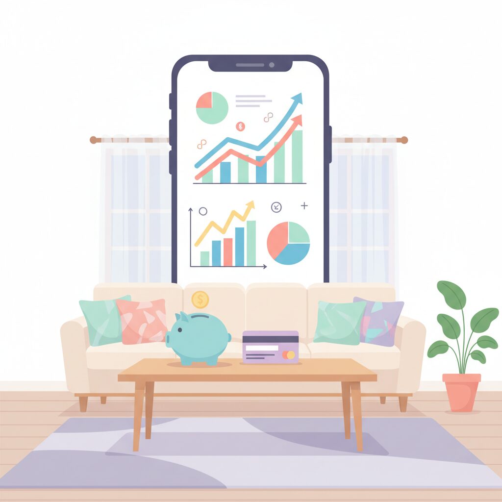 マネーフォワードMEの家計簿画面と節約をイメージしたイラスト