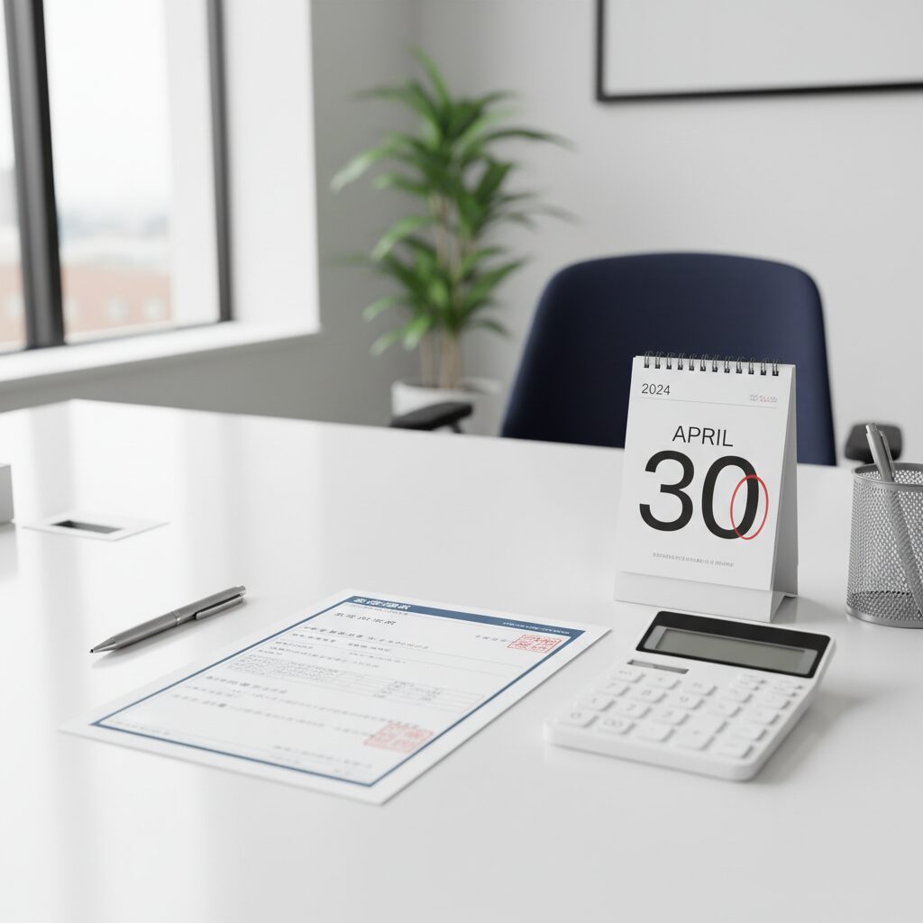 第11号様式の書類と電卓、4月30日を指すカレンダーが置かれたデスクの様子