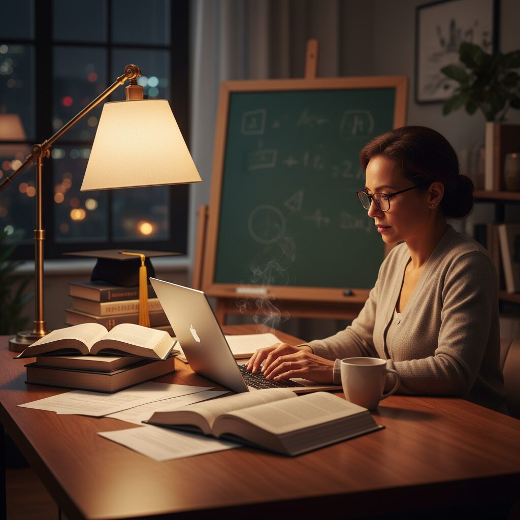 夜間に自宅で学習に励む社会人の様子と背後に見える教育の象徴。教員免許取得への挑戦をイメージした画像。