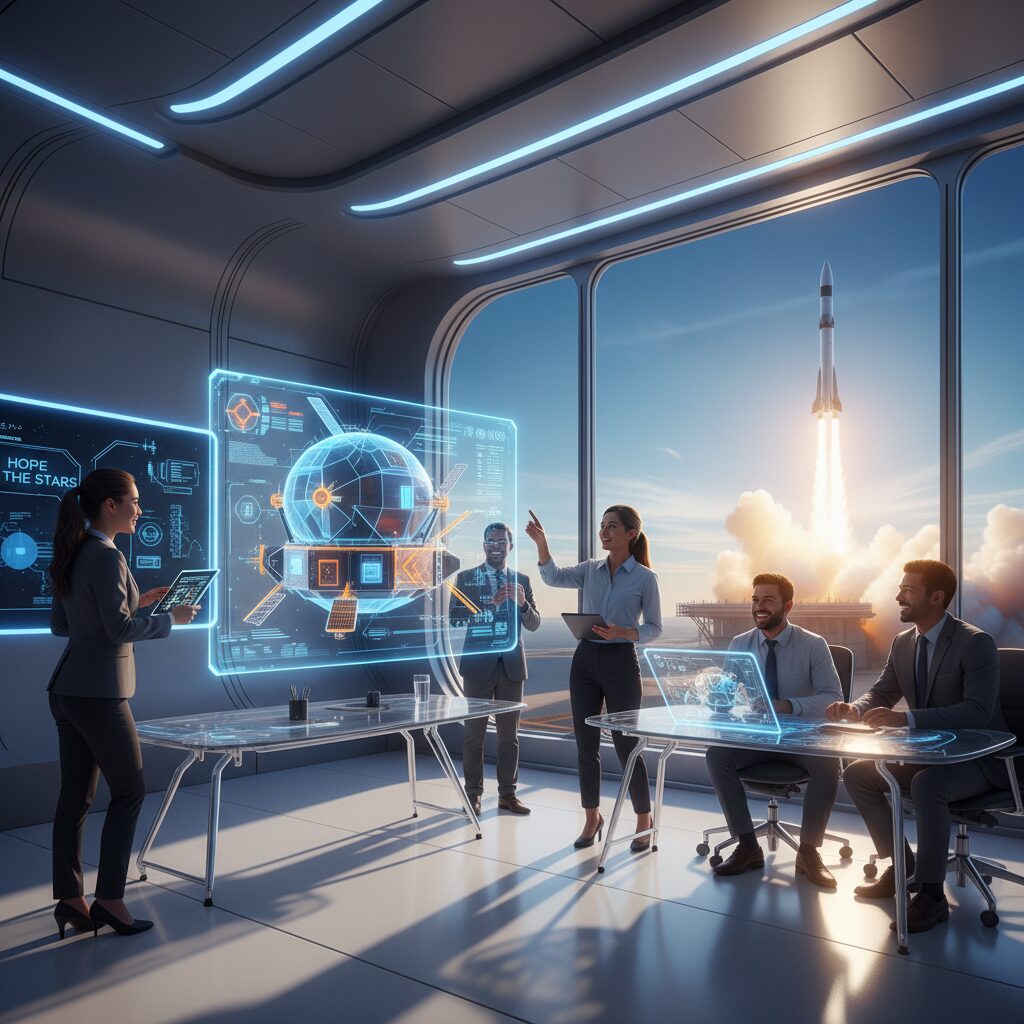 宇宙開発の拠点での打ち合わせ風景とロケット発射台のイメージ