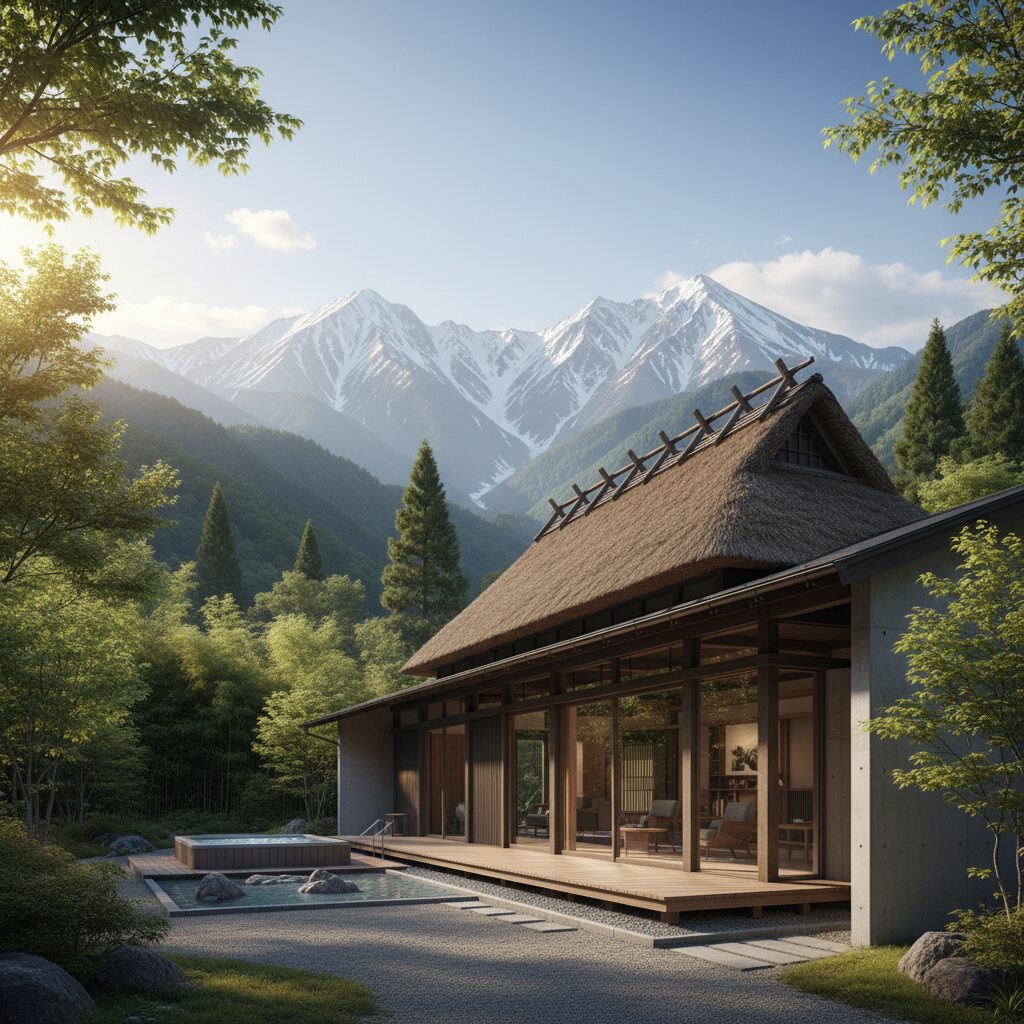 山梨県北杜市の八ヶ岳を背景にした、リノベーション済みの趣ある中古物件の外観イメージ