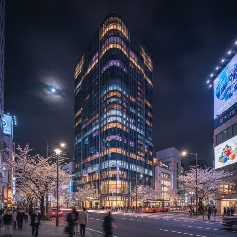 Modern glass skyscraper Quartz Shinsaibashi in Osaka night view