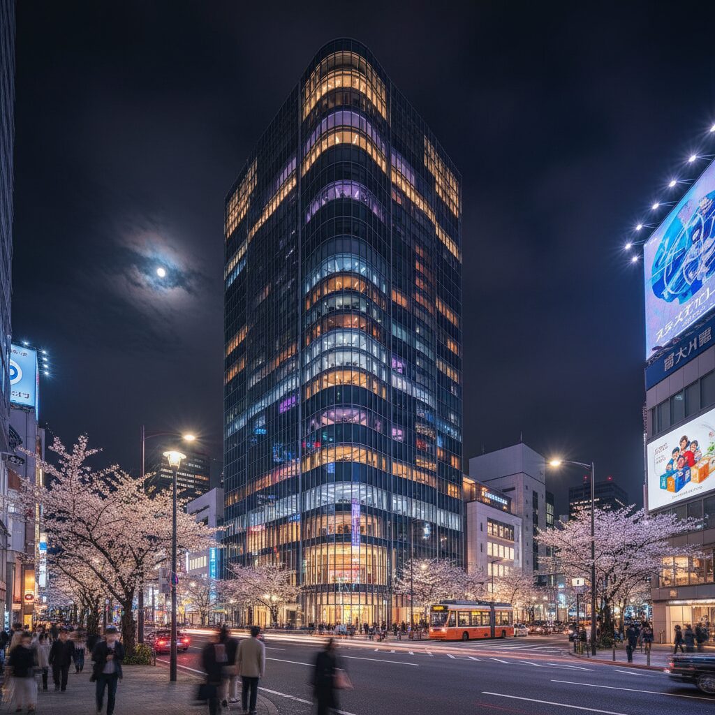 Modern glass skyscraper Quartz Shinsaibashi in Osaka night view