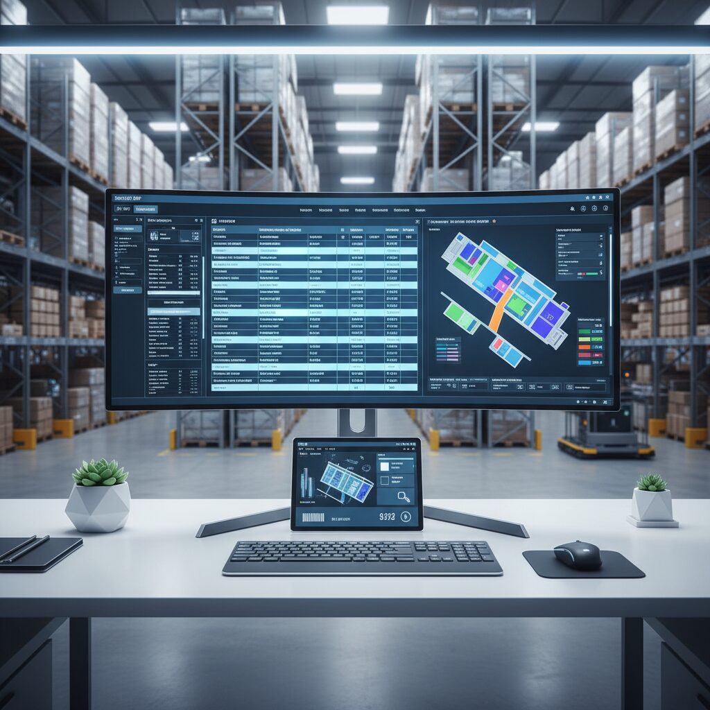 SAP MMモジュールのMI02画面をイメージした、在庫棚卸プロセスの管理ダッシュボードと倉庫の背景。