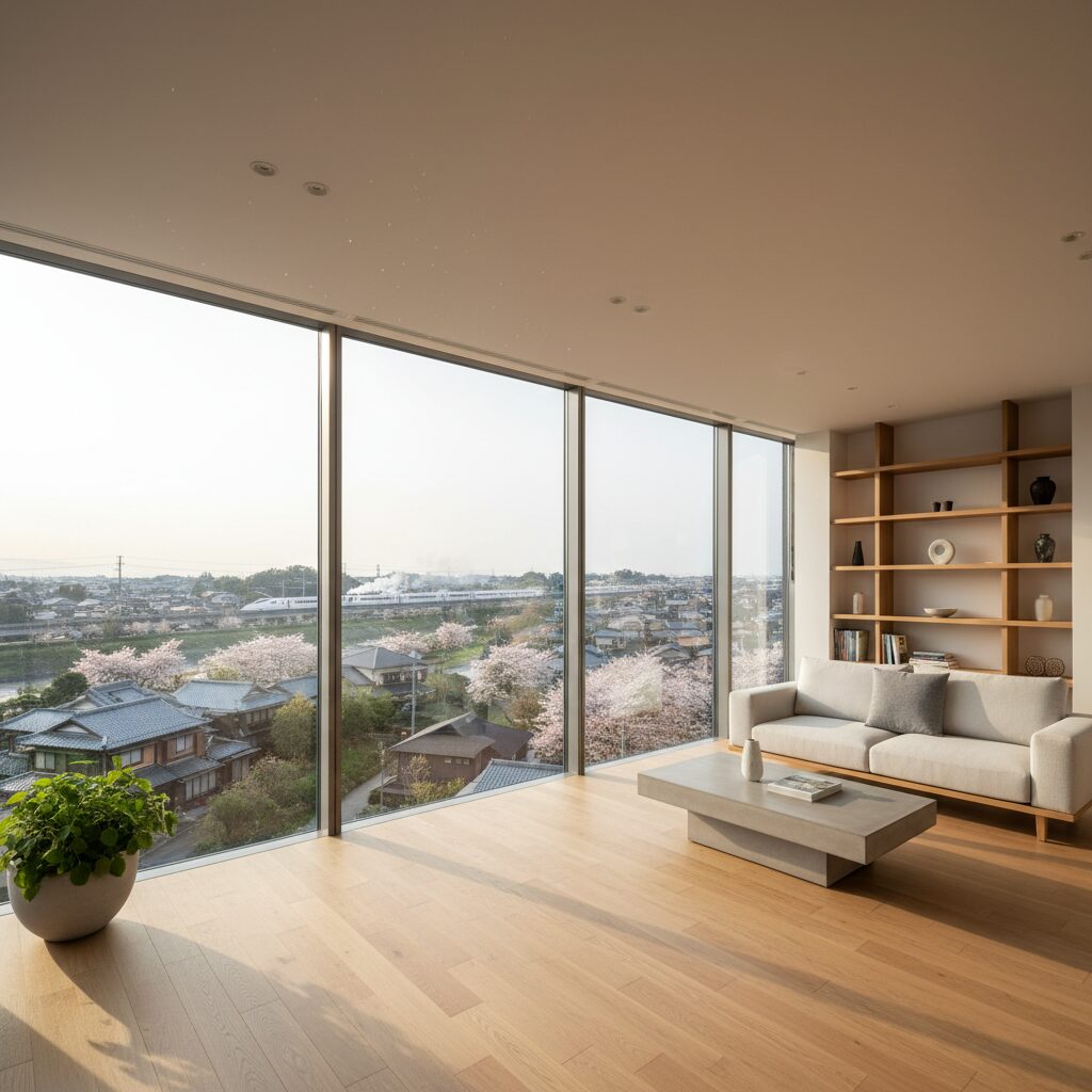 小田急線沿線の街並みと、新しくリノベーションされた中古マンションの明るいリビングのイメージ