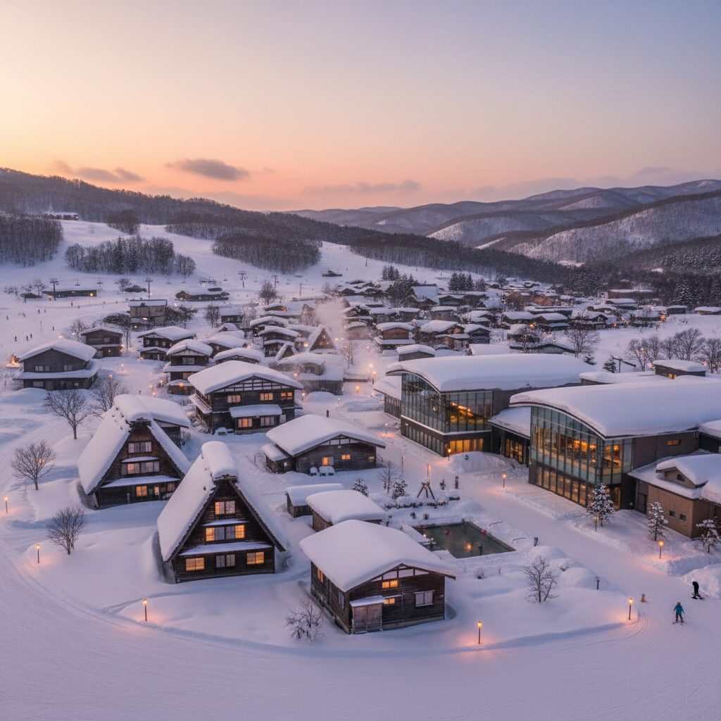 雪に包まれた北海道留寿都村の静かな住宅街とリゾート施設が調和する風景