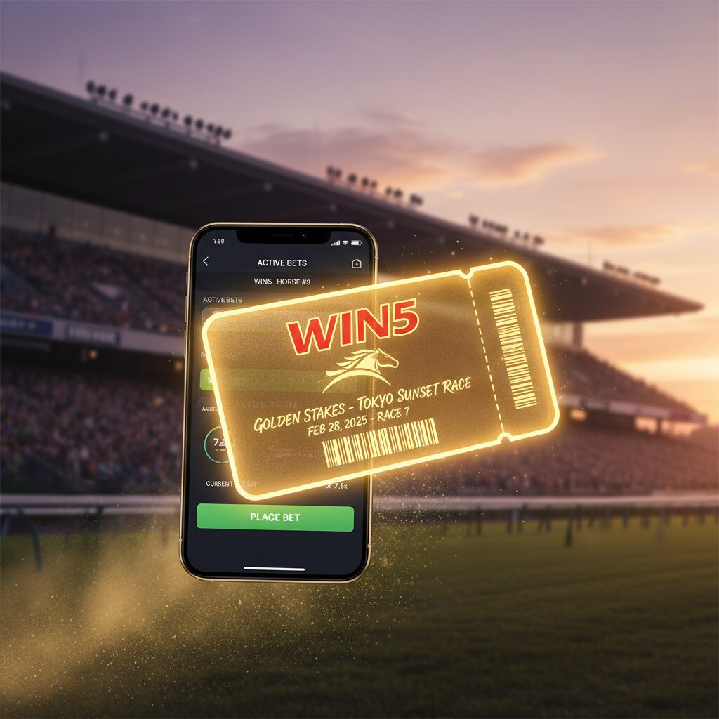 WIN5のロゴと競馬場の風景、スマートフォンでの投票イメージを組み合わせた高品質なイメージ画像