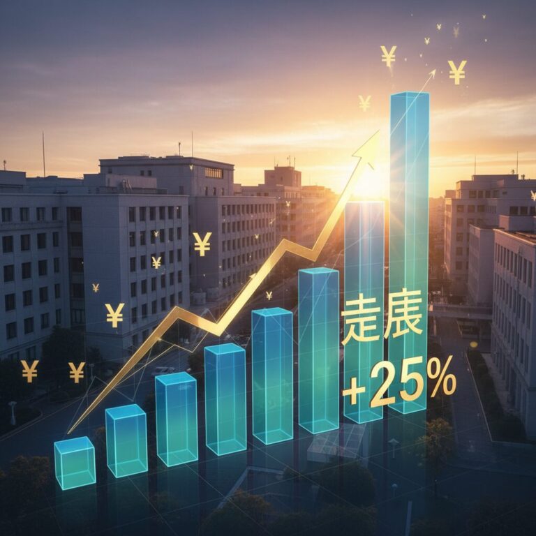 日本の公務員ビルと、大幅な給与引き上げを象徴する上昇グラフのイメージ画像