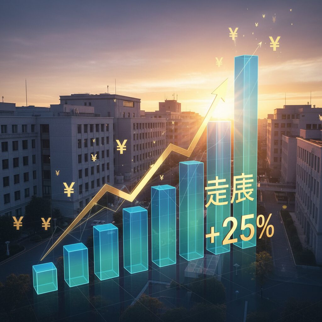 日本の公務員ビルと、大幅な給与引き上げを象徴する上昇グラフのイメージ画像