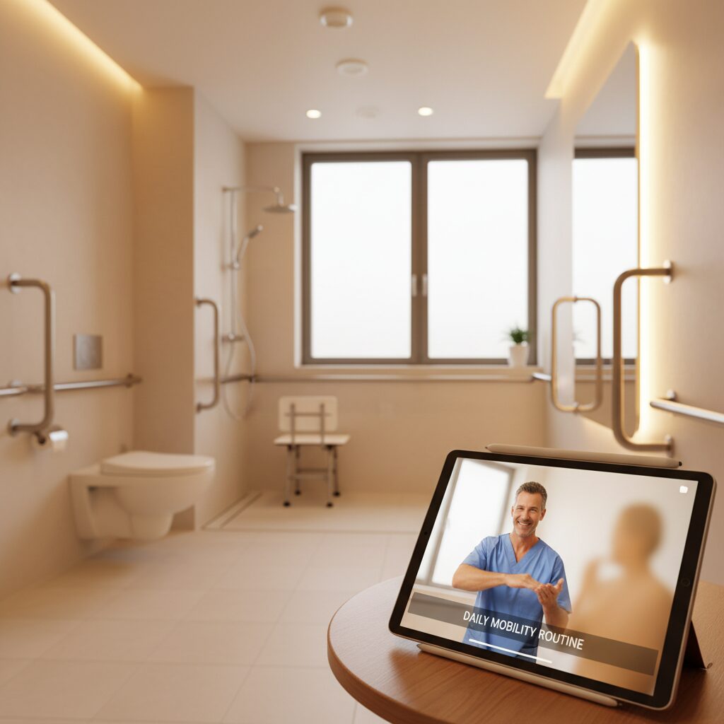 高齢者施設の浴室とICT活用をイメージしたアイキャッチ画像