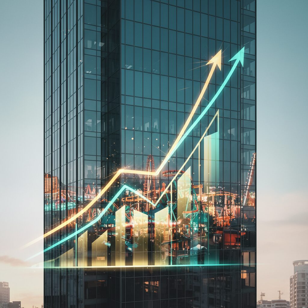 オリエンタルランドのオフィスビルと背後に広がるテーマパークのイメージ図。上昇するグラフが描かれ、安定と成長を象徴している。