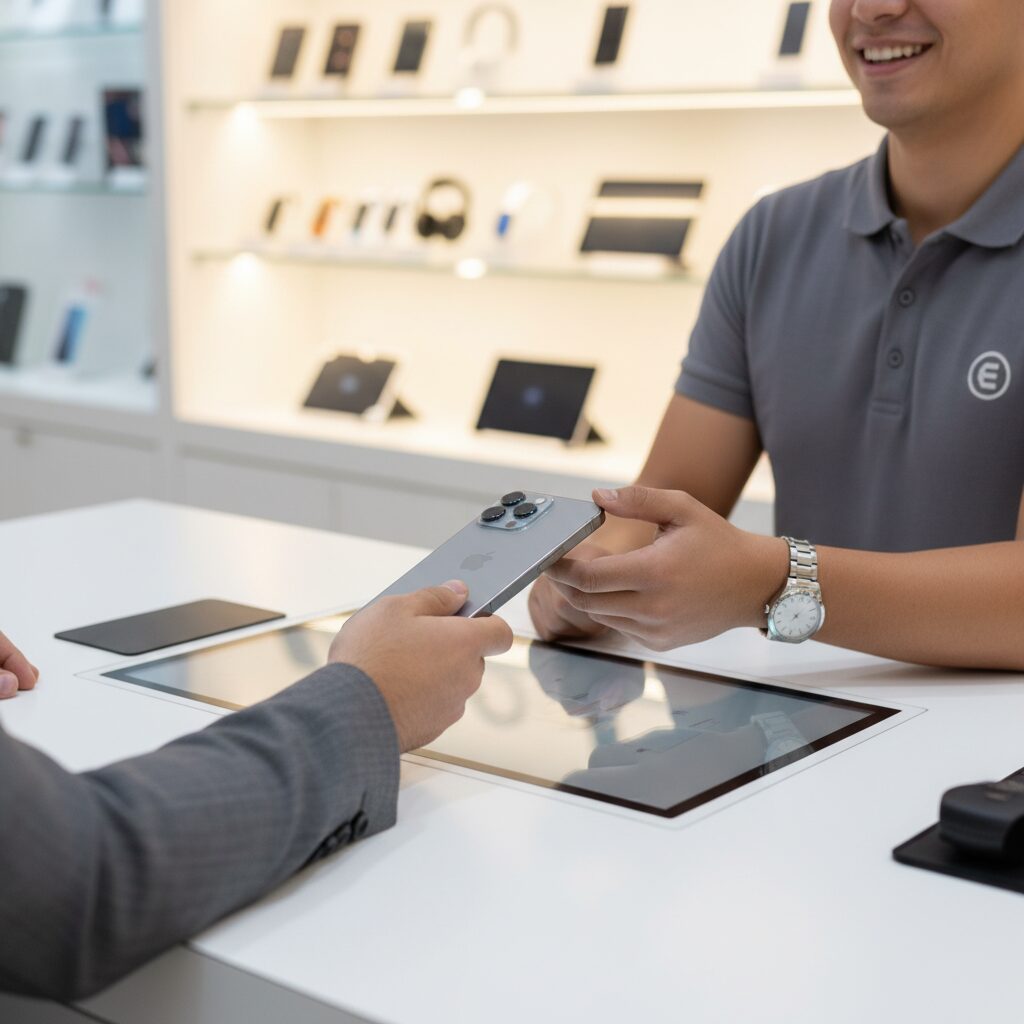 ゲオの店舗カウンターで店員にiPhoneを手渡す様子