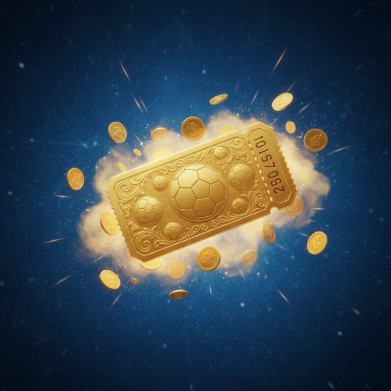 黄金のサッカーくじのチケットと飛び散る金貨のイメージ画像