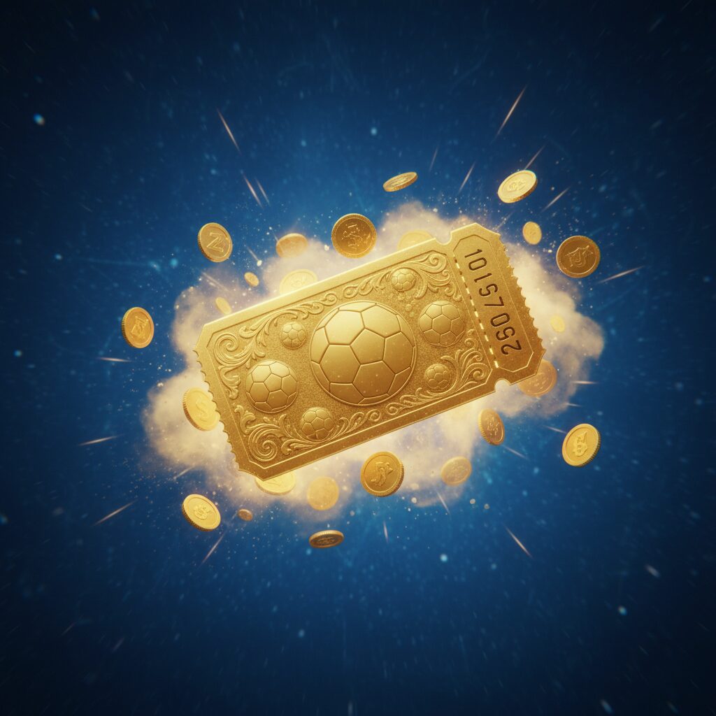黄金のサッカーくじのチケットと飛び散る金貨のイメージ画像