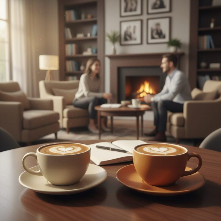 落ち着いた雰囲気の結婚相談所の相談カウンターとコーヒーカップのイメージ