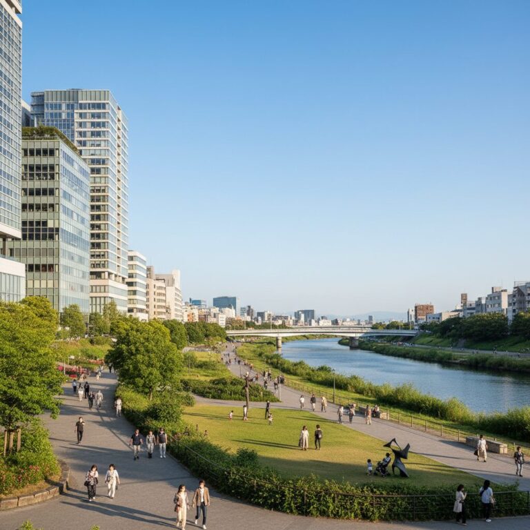 二子玉川ライズと多摩川河川敷の美しい風景