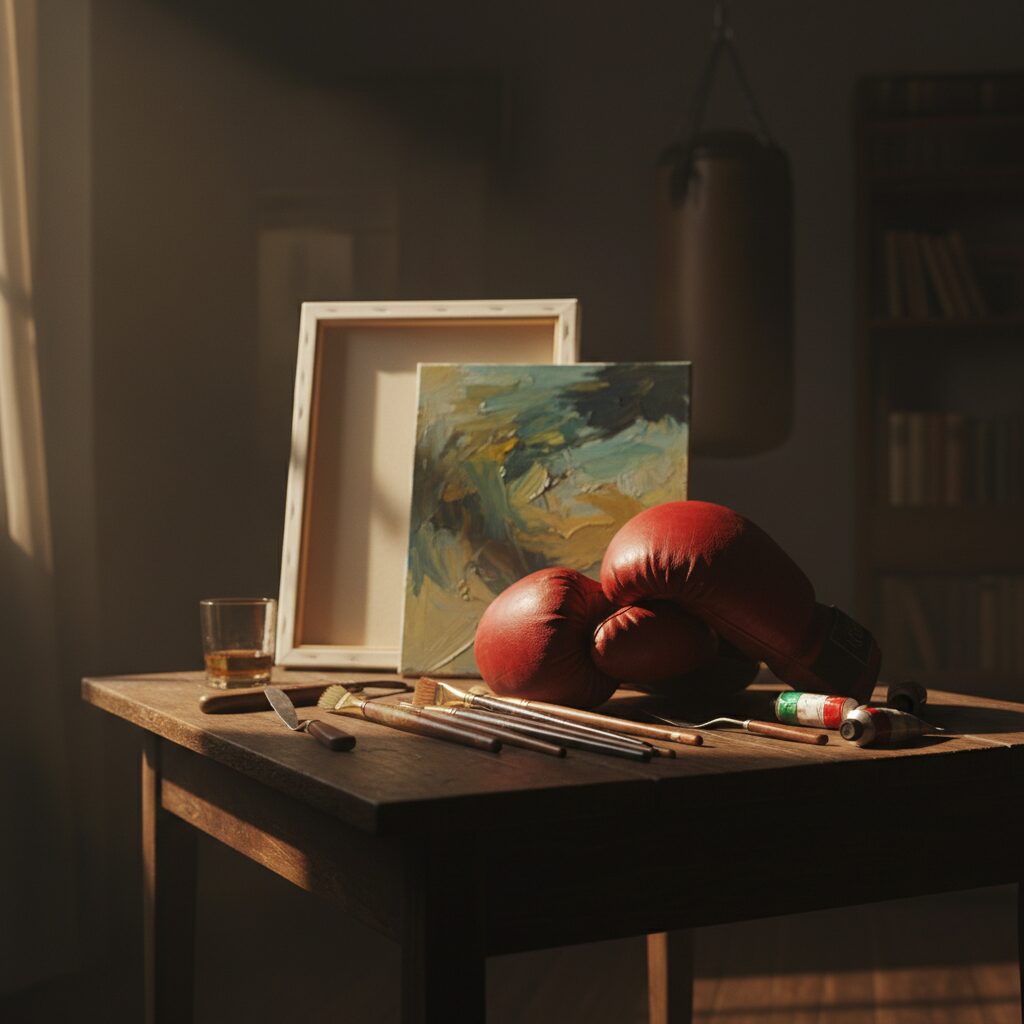 ボクシンググローブと油絵の道具が置かれた、芸術的で映画のような雰囲気の部屋。孤独と創造性を象徴するライティング。
