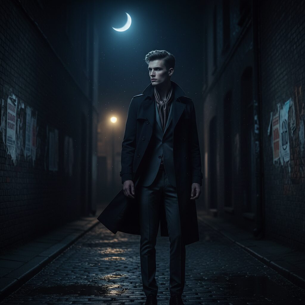 暗い路地に佇むドラマチックな男性のシルエットと光のコントラスト