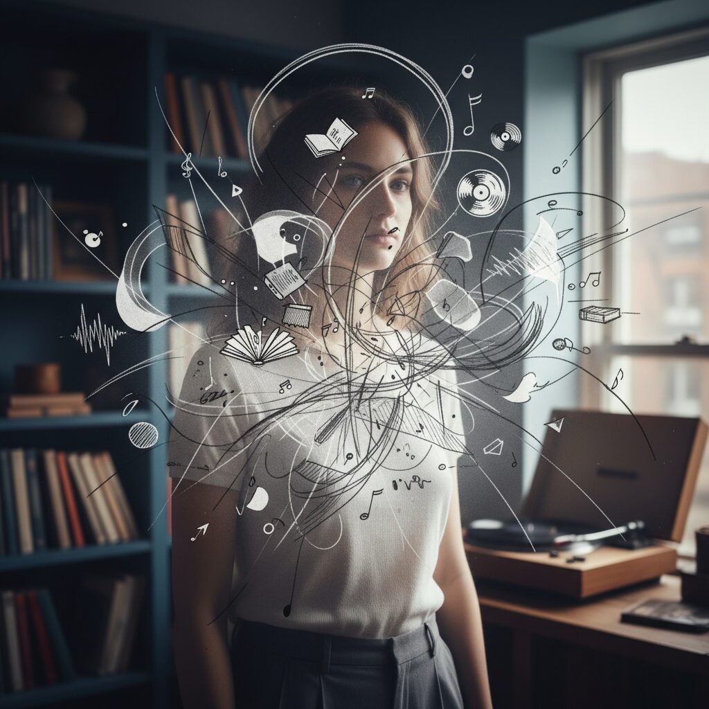 落ち着いた雰囲気のスタジオで思索にふける男性のイメージ画像。背景には本棚とレコードが並び、アーティスティックな雰囲気が漂っている。