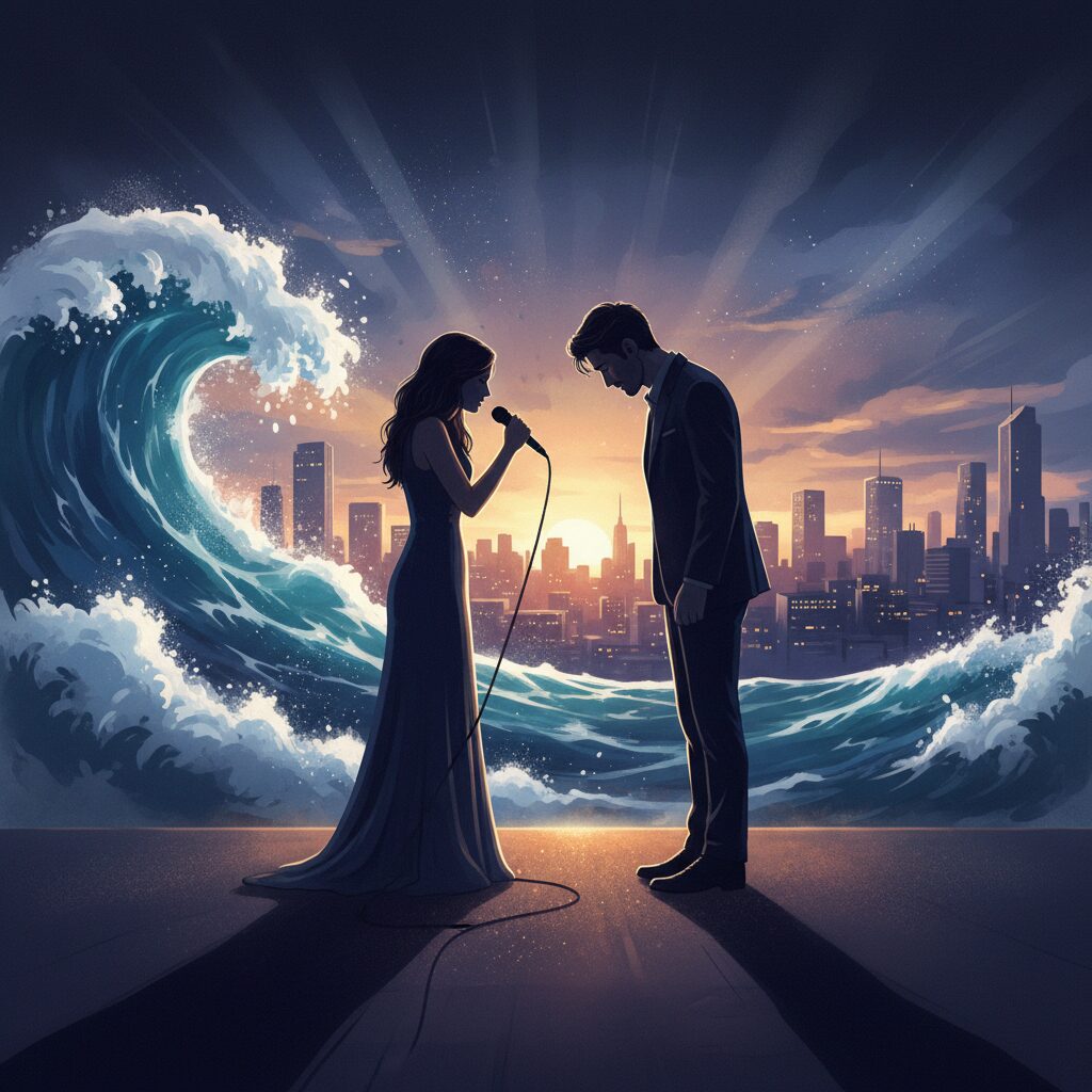 吉村界人とちゃんみなの深い絆を象徴する、暗いステージで向かい合う二人のアーティストのシルエット