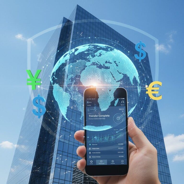 世界地図とスマートフォンが描かれた、デジタルで信頼感のある海外送金のイメージ画像