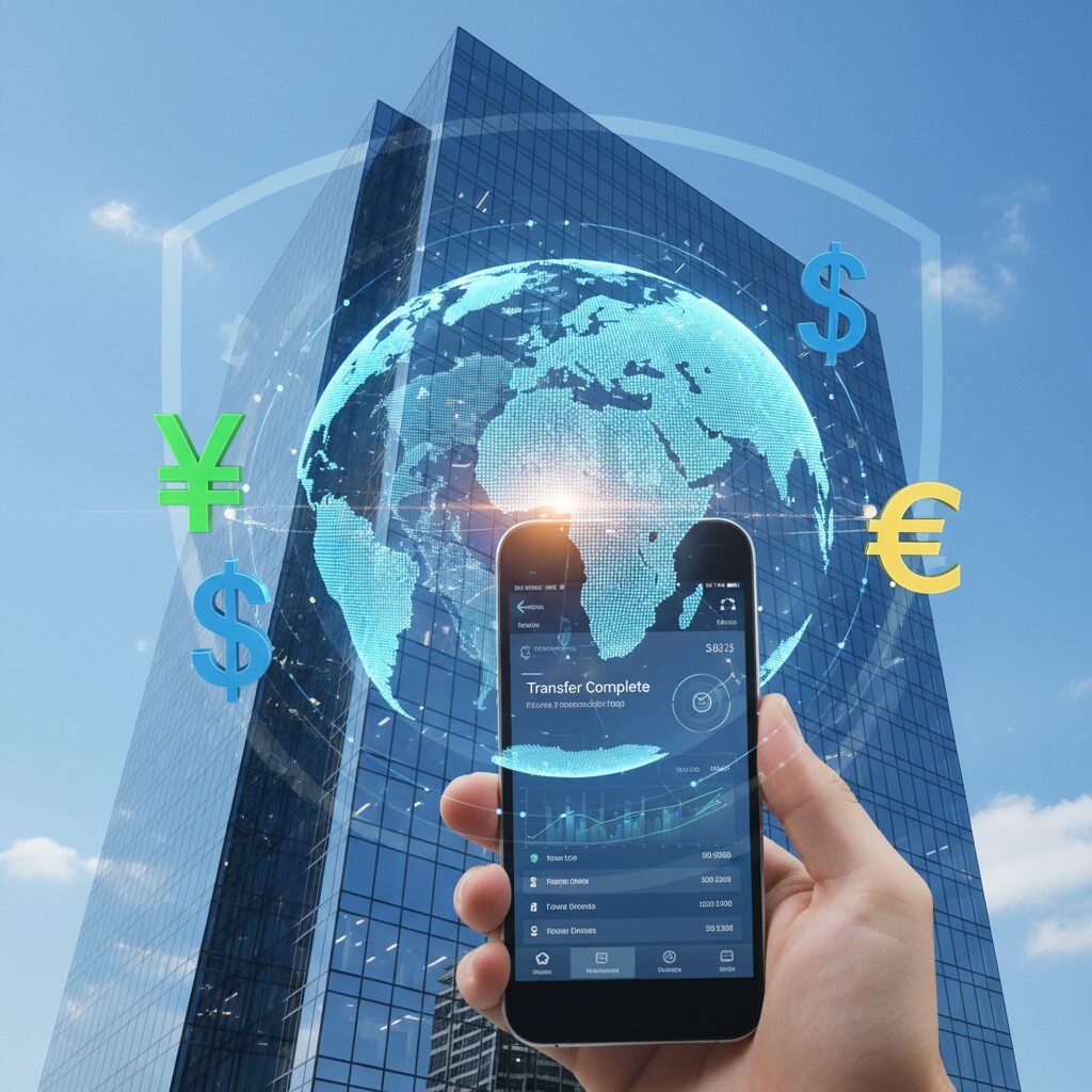 世界地図とスマートフォンが描かれた、デジタルで信頼感のある海外送金のイメージ画像