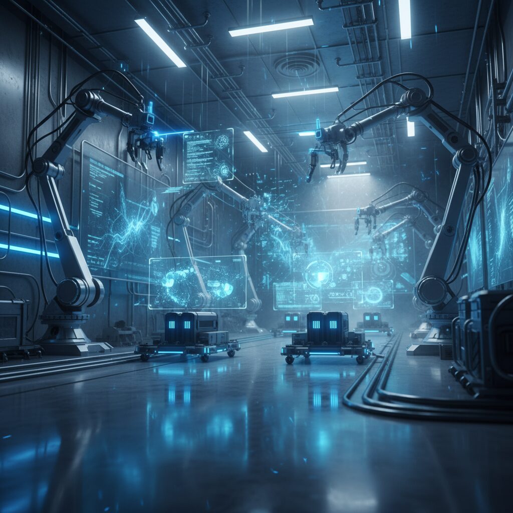 Future-oriented factory automation and high-tech sensors representing Keyence’s growth potential.