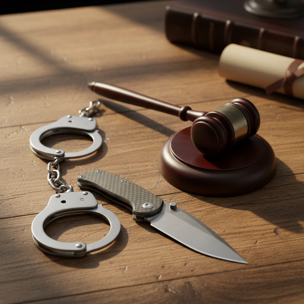 木製のデスクの上に置かれた折りたたみナイフ、手錠、そして裁判官のガベル。法的な規制を象徴するイメージ画像。