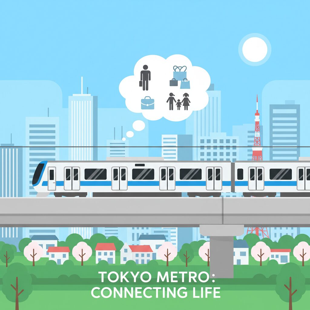 青い空の下を走る東京メトロ東西線の車両と周辺の街並みのイラスト