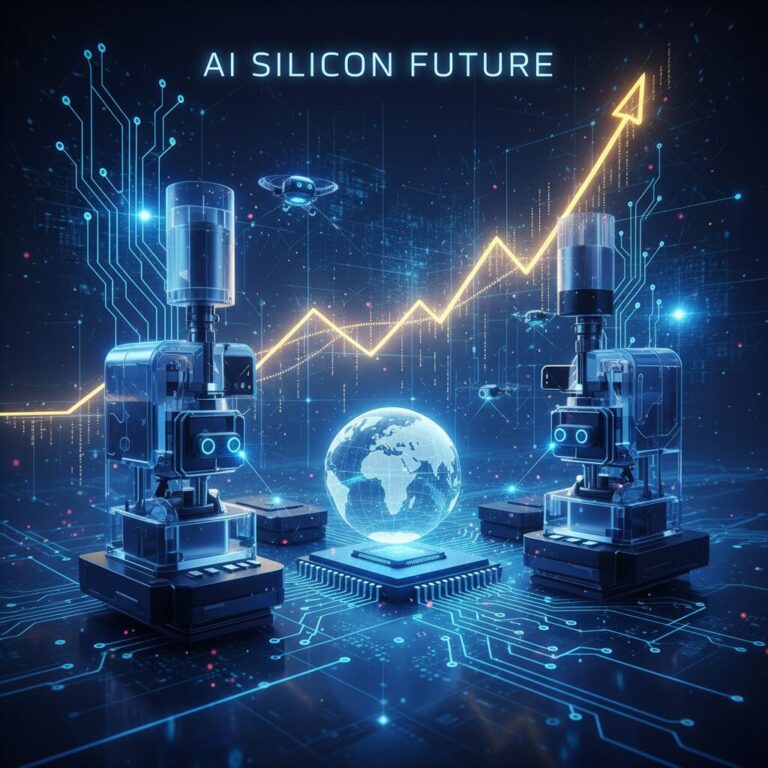 AI半導体技術と右肩上がりの業績グラフをイメージしたサイバーパンク風のデジタルアートワーク