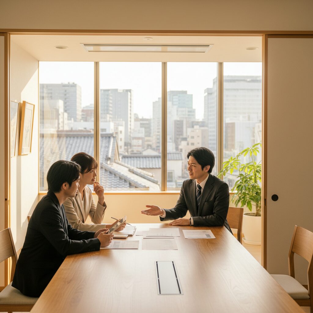 関西みらい銀行の窓口で住宅ローンの相談を受ける夫婦と笑顔の担当者