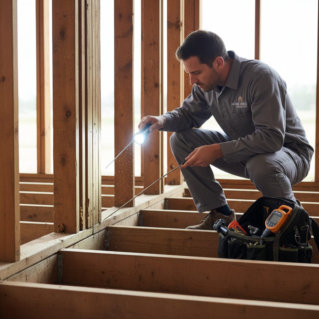 シロアリ駆除の専門家が床下や木材を点検している様子