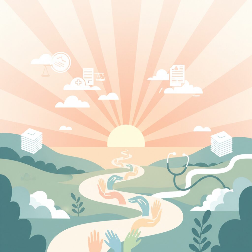 日の光が差し込む道と、それを支える手描きのイラスト。障害年金の申請から受給までの希望ある道のりをイメージしています。