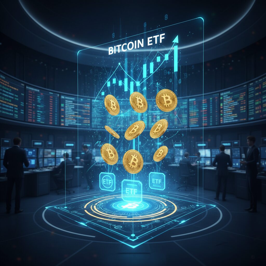 ビットコインETFと金融市場のデジタルイメージ