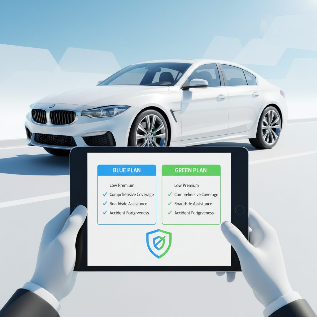 タブレットで自動車保険の比較表をチェックし、最適なプランを選ぶユーザーのイメージ。背景にはクリーンな都市と白い車。