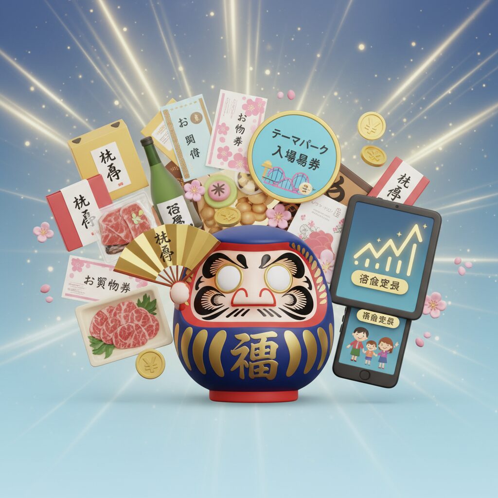 日本の株主優待制度を象徴するギフト、買い物券、スマートフォン、成長グラフが並ぶ明るい雰囲気のイラスト