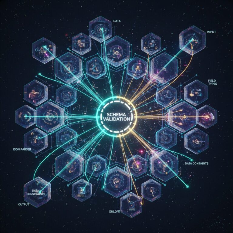 A conceptual illustration of interconnected data structures and validation checkmarks.