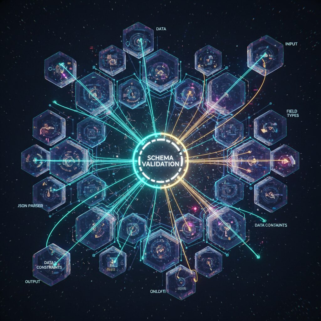 A conceptual illustration of interconnected data structures and validation checkmarks.
