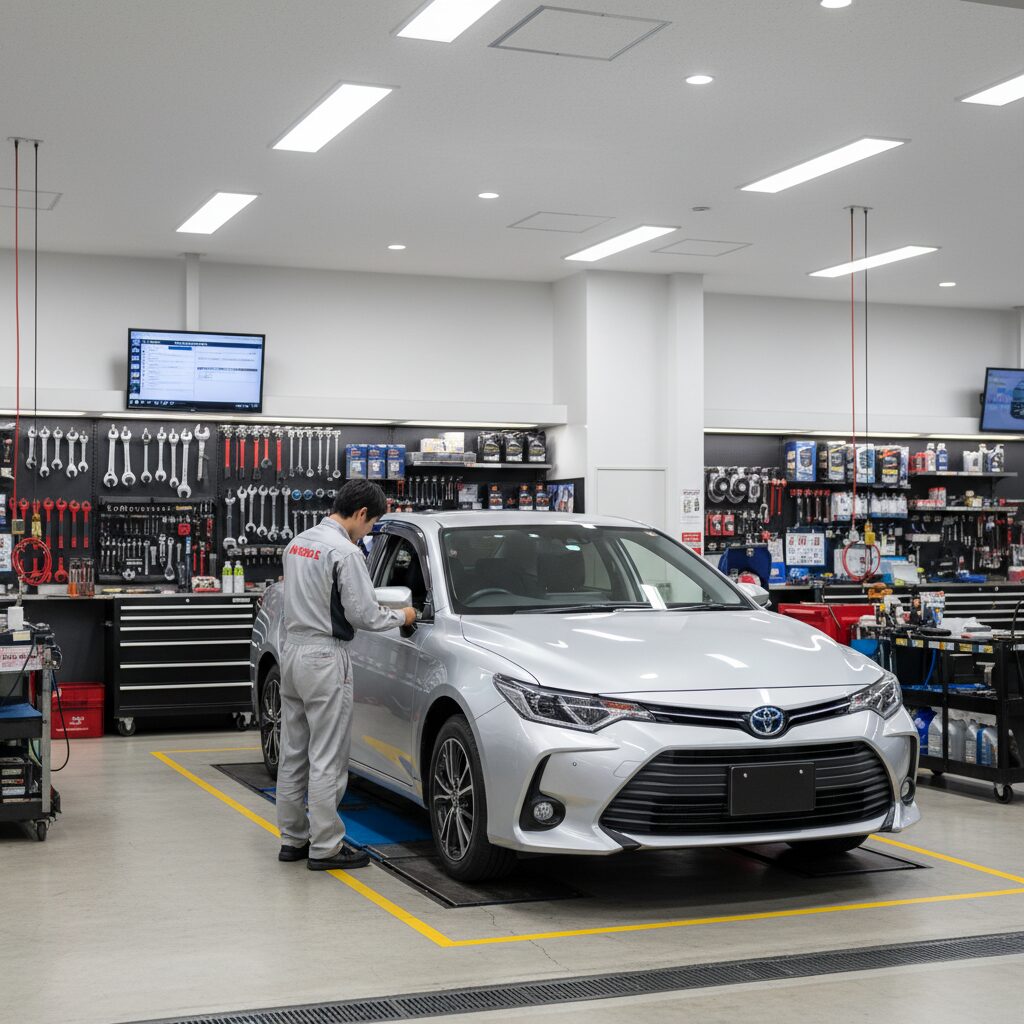 オートバックスのピットで車検点検を受ける乗用車と整備士のイメージ