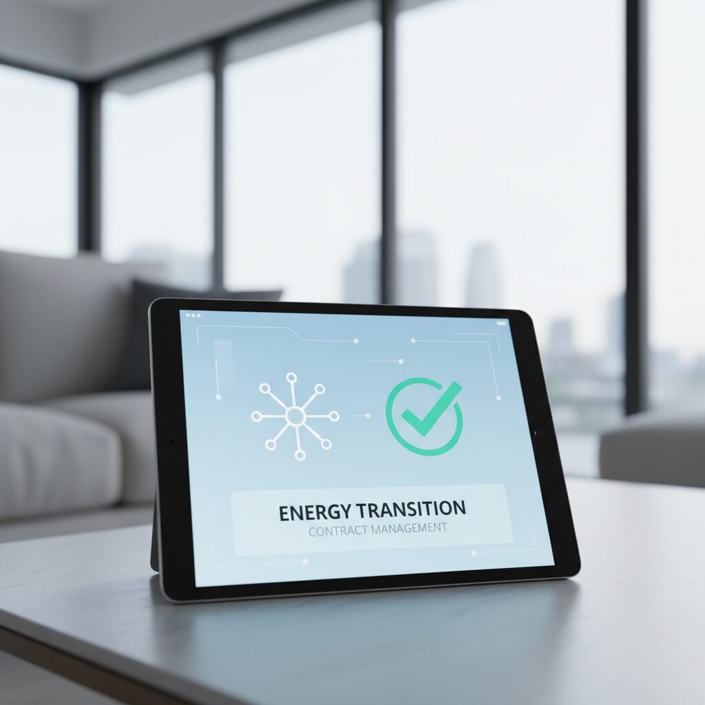 東北電力の解約手続きを行うためのタブレット画面と、背景に広がる落ち着いた室内風景のイメージ画像。信頼感とスムーズな手続きを表現しています。