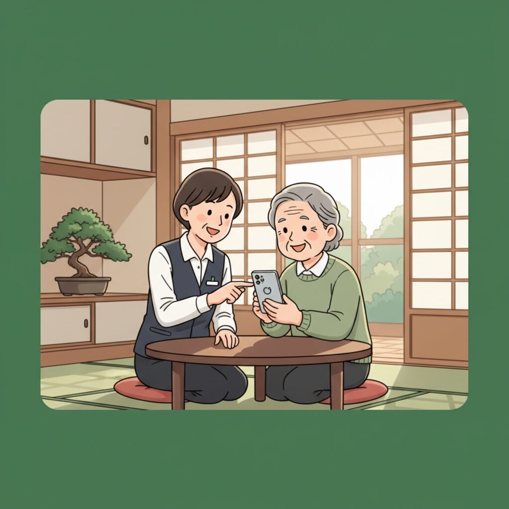 スマートフォンの操作を笑顔で教えるスタッフと高齢者のイラスト