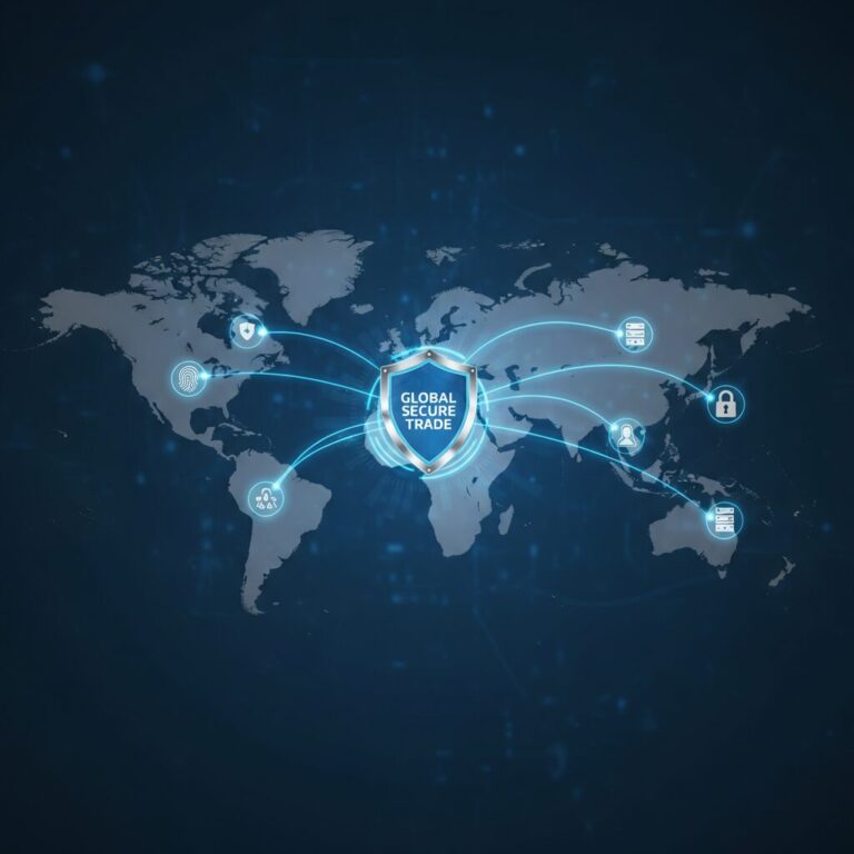 世界地図を背景にセキュリティシールドとネットワークが輝く、輸出管理と経済安全保障を象徴するビジュアル