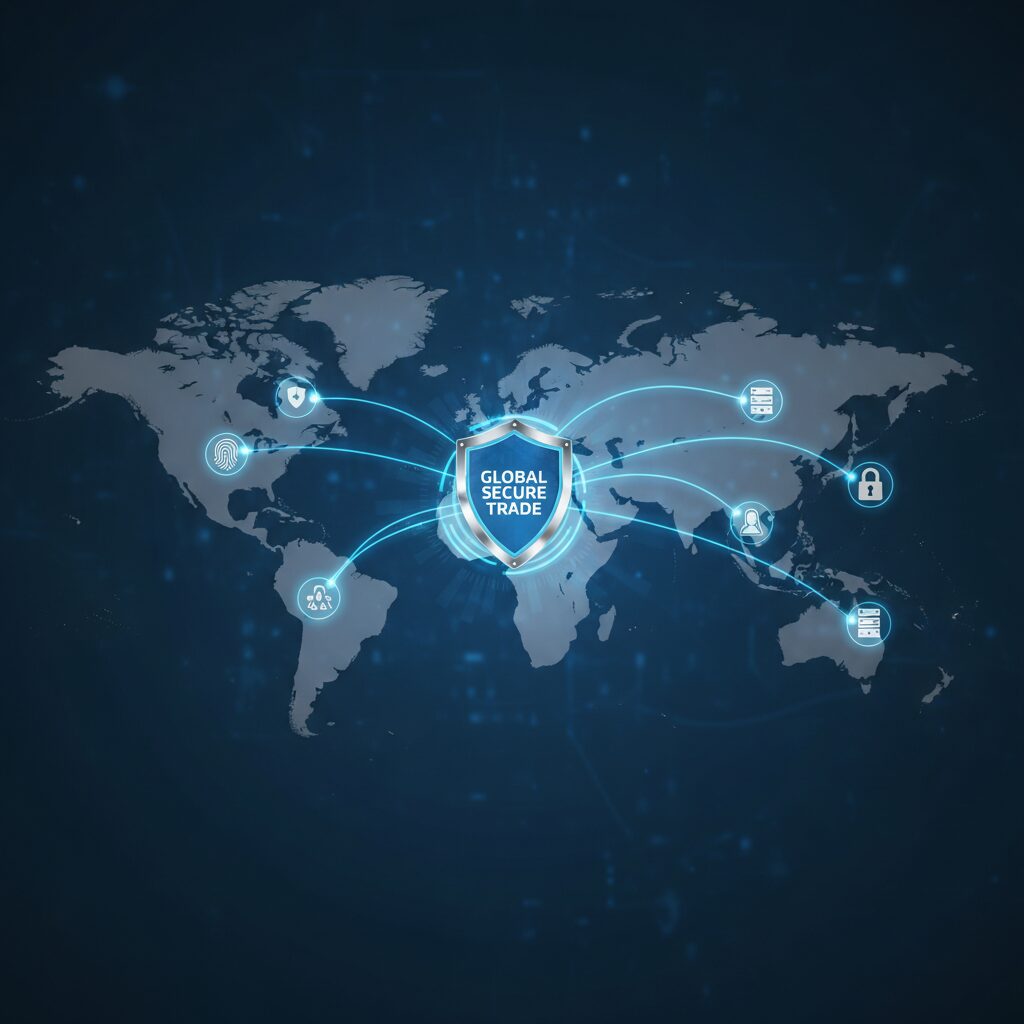 世界地図を背景にセキュリティシールドとネットワークが輝く、輸出管理と経済安全保障を象徴するビジュアル