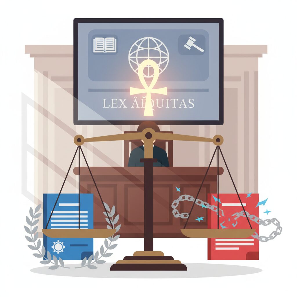 裁判所の天秤と、民事・刑事の法的違いを象徴する青と赤のイメージ図