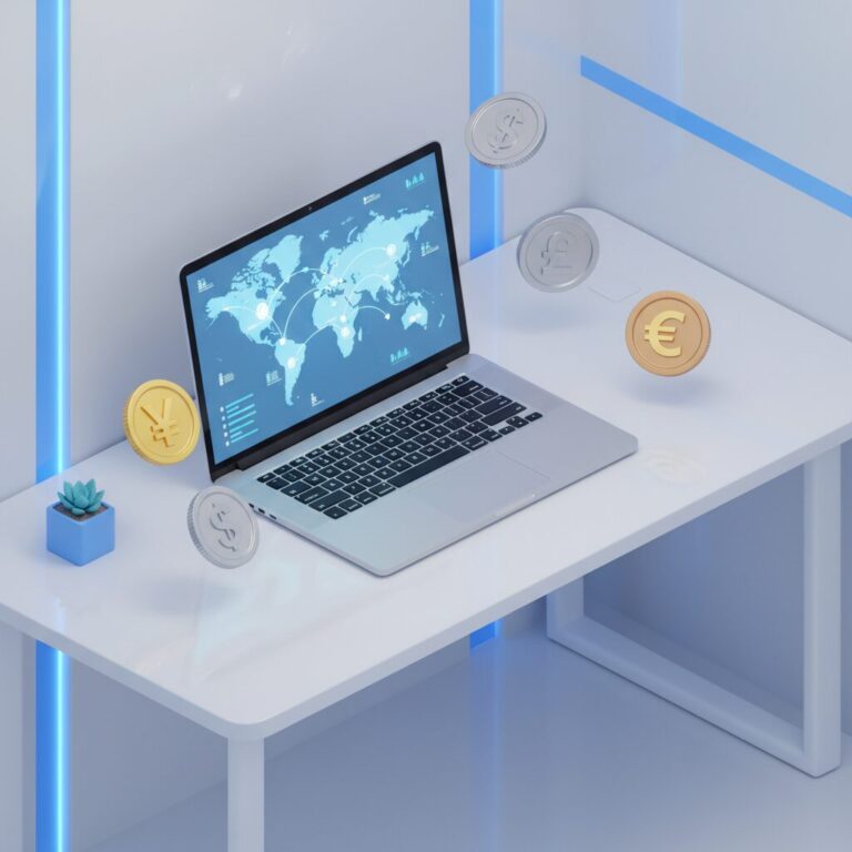 楽天銀行のロゴをイメージした配色と世界地図、通貨記号が描かれたアイキャッチ画像