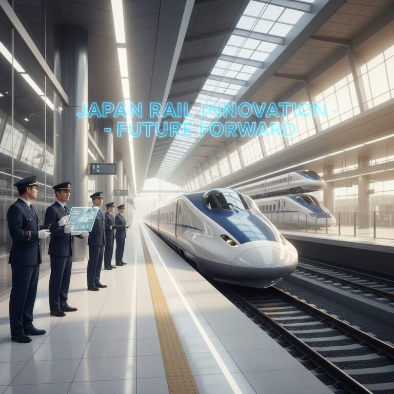 A futuristic Shinkansen train arriving at a modern station platform with professional employees, symbolizing career opportunities at JR Central.