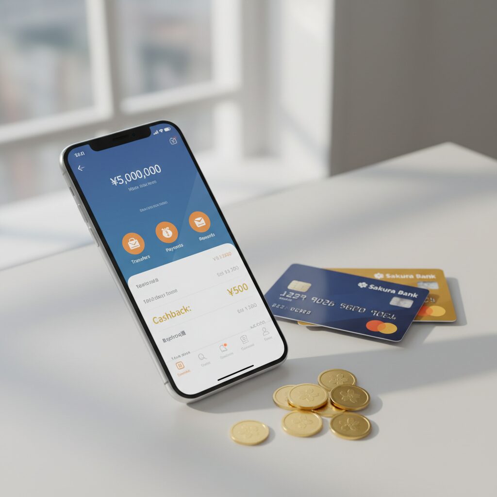 西日本シティ銀行のスマートフォンアプリとキャッシュカード、デジタル決済をイメージした明るいビジネスデザイン