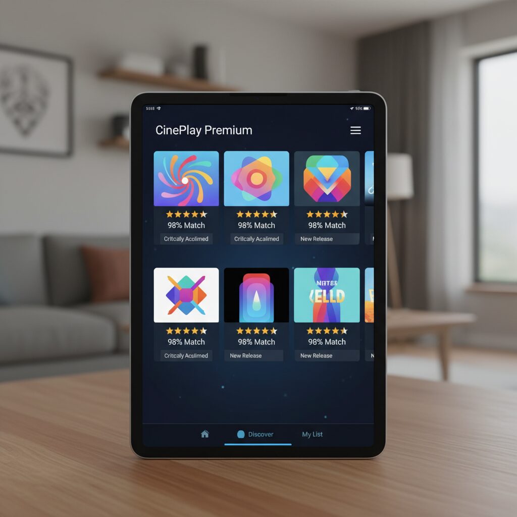 Leminoプレミアムのサービスイメージ画像。テレビとタブレットがあるモダンなリビングルーム。